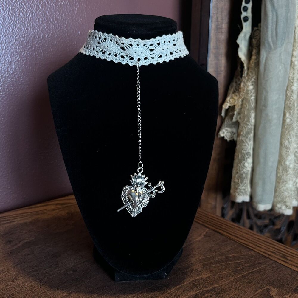 Stainless Steel Silver Sacred Heart Drop Choker Antique-Style Lace Whimsygoth